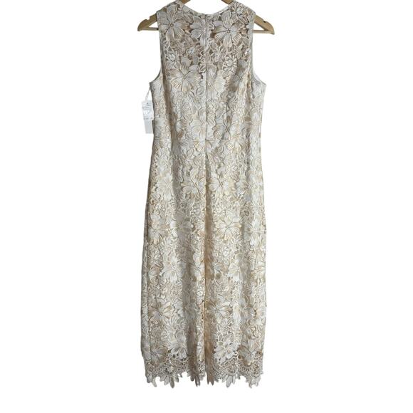 Shoshanna Ivory Gold Sleeveless Floral Lace Midi Cocktail Dress Size 10 - Picture 11 of 13